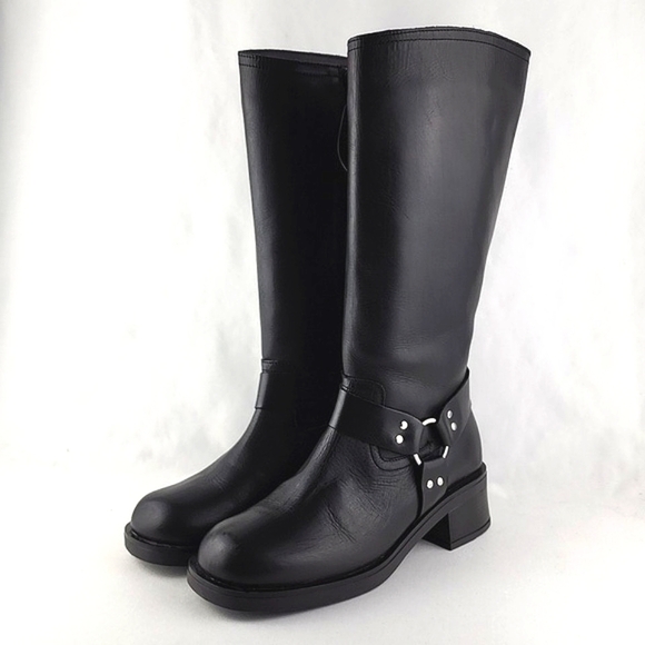 Yokono Women's Tall Black Leather Riding Biker Boots Strap Buckle Block Heel 39 - Picture 4 of 16